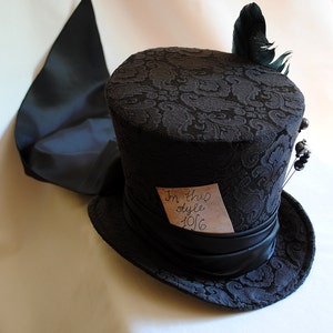 Gothic Mad Hatter Top Hat,Black Perching Ladies Top Hat with Train,Alice in Wonderland Cosplay Hat for Women,Halloween Costume-Made to Order image 5