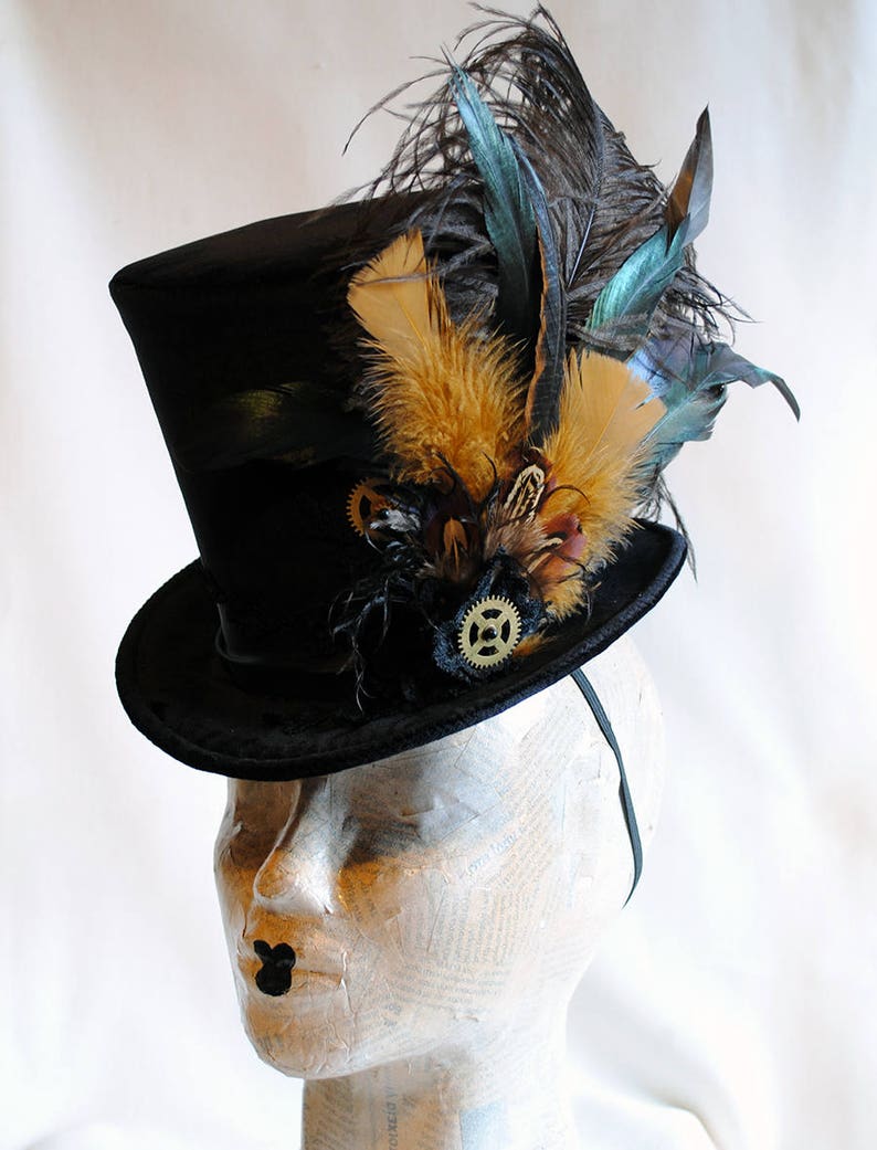 Steampunk Ladies Top Hat,Black Victorian Ridding Hat for WOMEN,Steampunk Fascinator,Mini Top Hat with Feathers,Burning Man Hat-Made to Order image 2