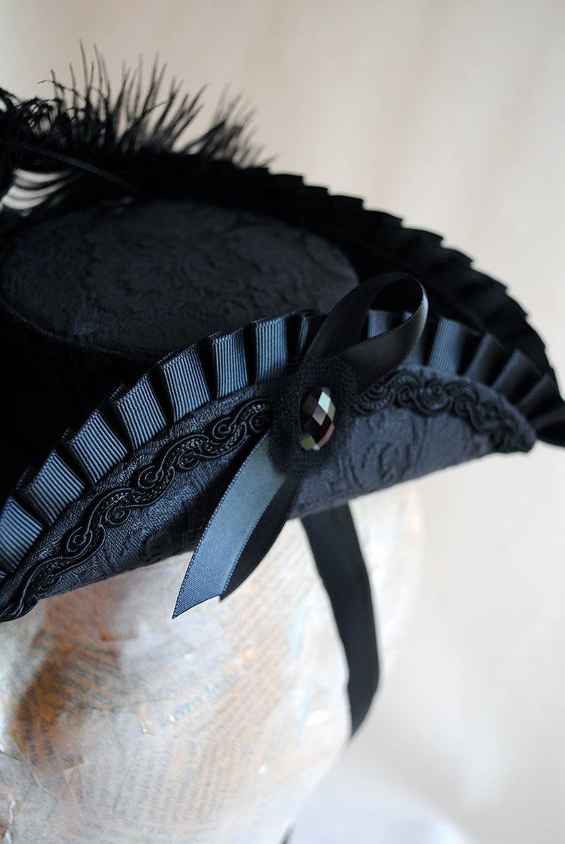 Black Mini Tricorn Hat ,Marie Antoinette Hat,Gothic Lolita Cosplay,Gothic Fascinator,Mardis Gras,Baroque,Rococo,Pirate Tricorn-Made to Order image 6