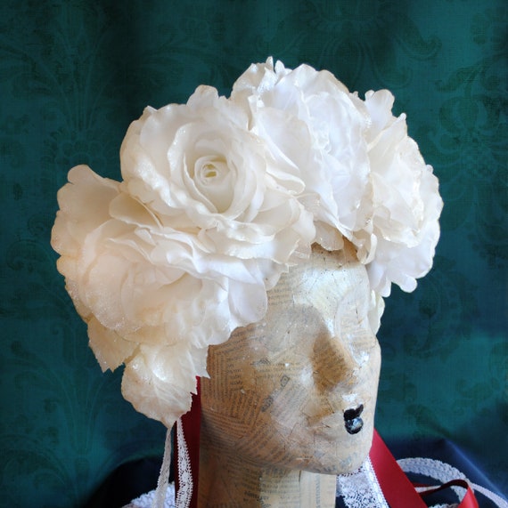 LAST ONE-Bridal Flower Crown,White Roses Headpiece,Snow White Costume,Flower Headband,Art Nouveau-Made to Order