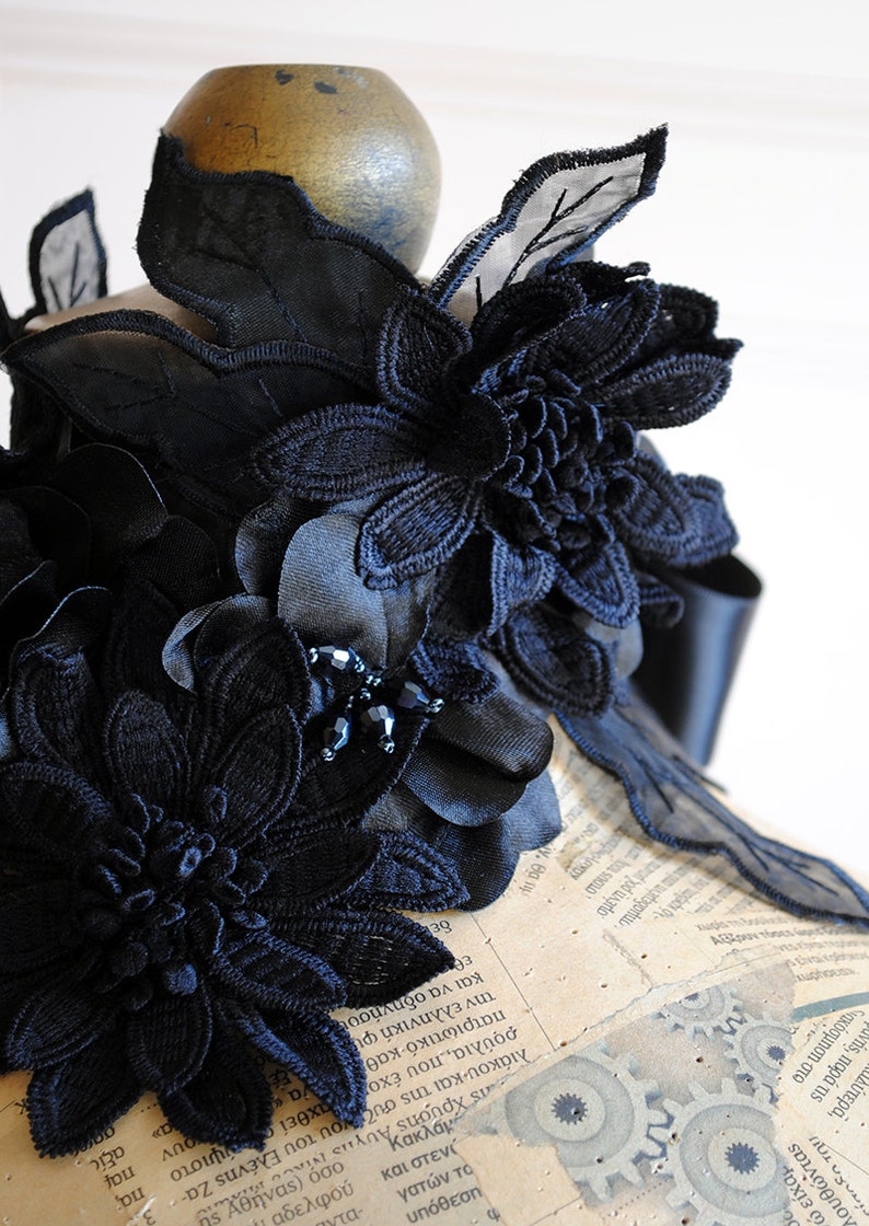 Gothic Collar with Black Flowers,Gothic Choker,Dark Fantasy Neckpiece,Dark Fairy Statement Neckpiece with Crystals-Custom-Made to Order image 3