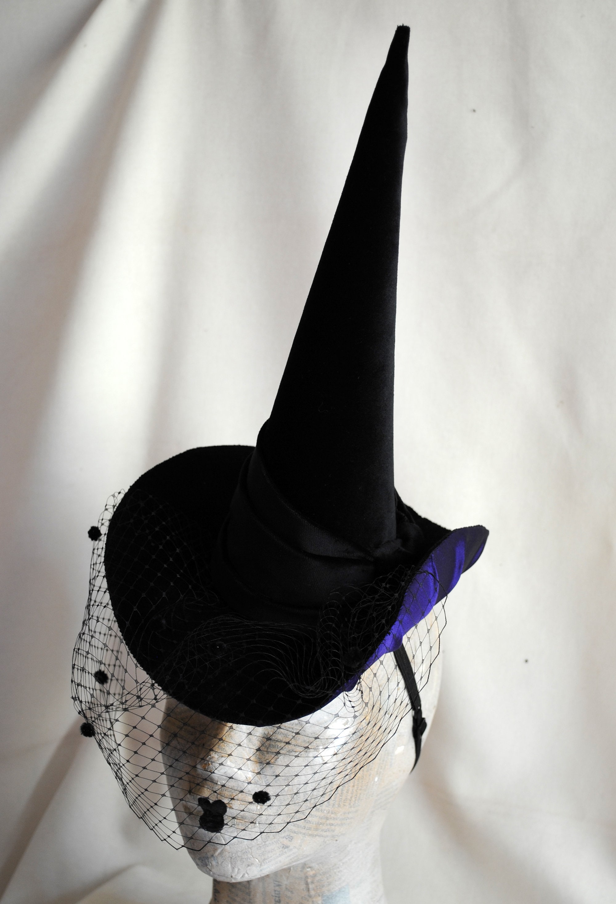 Black & Purple Witch Hat With Dotted Veil,halloween Costume Hat