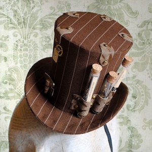 Steampunk Mini Top Hat,Brown Striped Fascinator Hat with Gears & Vials,Clockwork Mini Top Hats,Gothic Lolita Cosplay-Made to Order