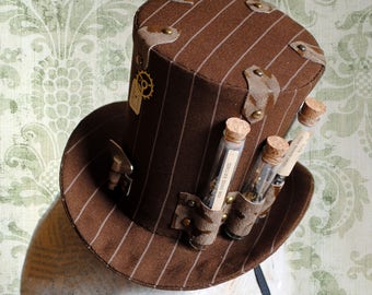 Steampunk Mini Top Hat,Brown Striped Fascinator Hat with Gears & Vials,Clockwork Mini Top Hats,Gothic Lolita Cosplay-Made to Order