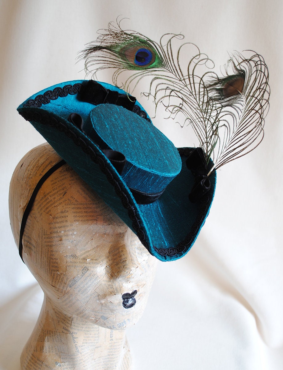 Baroque Mini Tricorn Hat,teal Marie Antoinette Hat With Peacock