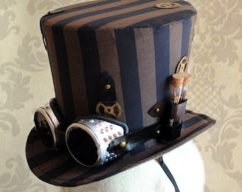 Steampunk höghatt med skyddsglasögon, Burning Man-hatt för kvinnor, brun och svart randig höghatt, cosplay-höghatt för kvinnor, festivalhöghatt - tillverkad på beställning