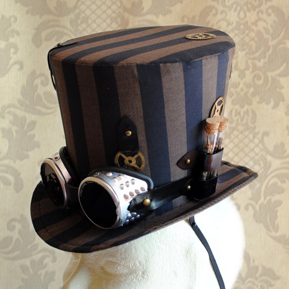 Steampunk Top Hat with Goggles,Burning Man Hat for WOMEN,Brown & Black Striped Top Hat,Cosplay Ladies Top Hat,Festival Top Hat-Made to Order