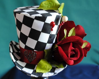 Queen of Hearts Mini Top Hat,Alice in Wonderland Wedding,Chequered  Fascinator,Victorian Tea-Party Hat w/ Roses-Made to Order