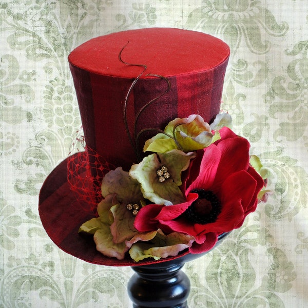 Red Kentucky Derby Hat,Bridesmaids Mini Top Hat,Ascot Hat,Ladies Hat with Flowers,Spring Cocktail Hat,Tea-party Mini Top Hats-Made to Order