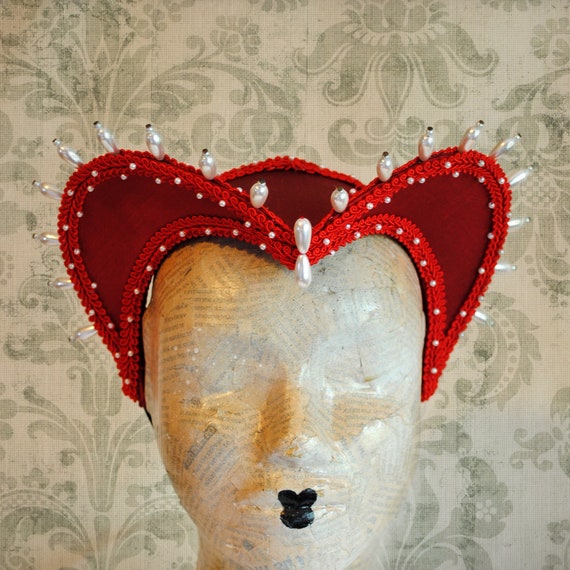Queen of Hearts Headpiece,Red Attifet,Fairytale Costume,Snow White,Gothic Headdress,Halloween Vampire Costume,Tudors Headdress-Made to Order