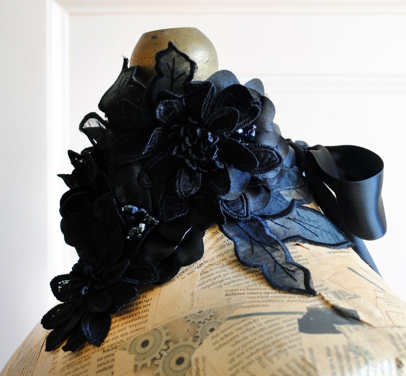 Gothic Collar with Black Flowers,Gothic Choker,Dark Fantasy Neckpiece,Dark Fairy Statement Neckpiece with Crystals-Custom-Made to Order image 5