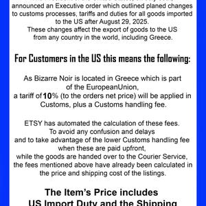 May include: A white informational notice with a blue border titled Regarding US Import Duty. It explains that an executive order affects goods imported to the US after August 29, 2025, noting a 10% tariff for orders from Greece and how Etsy handles fees.