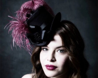 Black Victorian Mini Top Hat with Burgundy Ostrich Feather,Tea-party Mini Top Hat-Custom-Made to Order