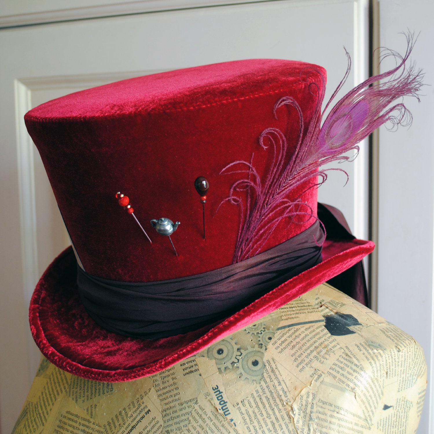 Madcaps Burgundy Velvet Hat with Feather Plume Vintage 1920s Cranberry Felt Plumed Cloche Hat - Raleigh Vintage main image 3