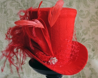 Red Mini Top Hat,Cocktail Hat with Veil,Burlesque Fascinator,Bridal Hat,Bridesmaids Hat,Gothic Mini Top Hat,Kentucky Derby-Made to Order