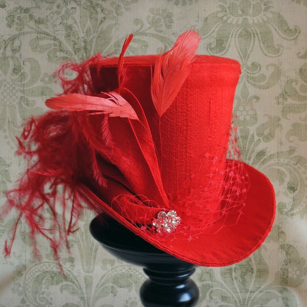 Red Mini Top Hat,Cocktail Hat with Veil,Burlesque Fascinator,Bridal Hat,Bridesmaids Hat,Gothic Mini Top Hat,Kentucky Derby-Made to Order