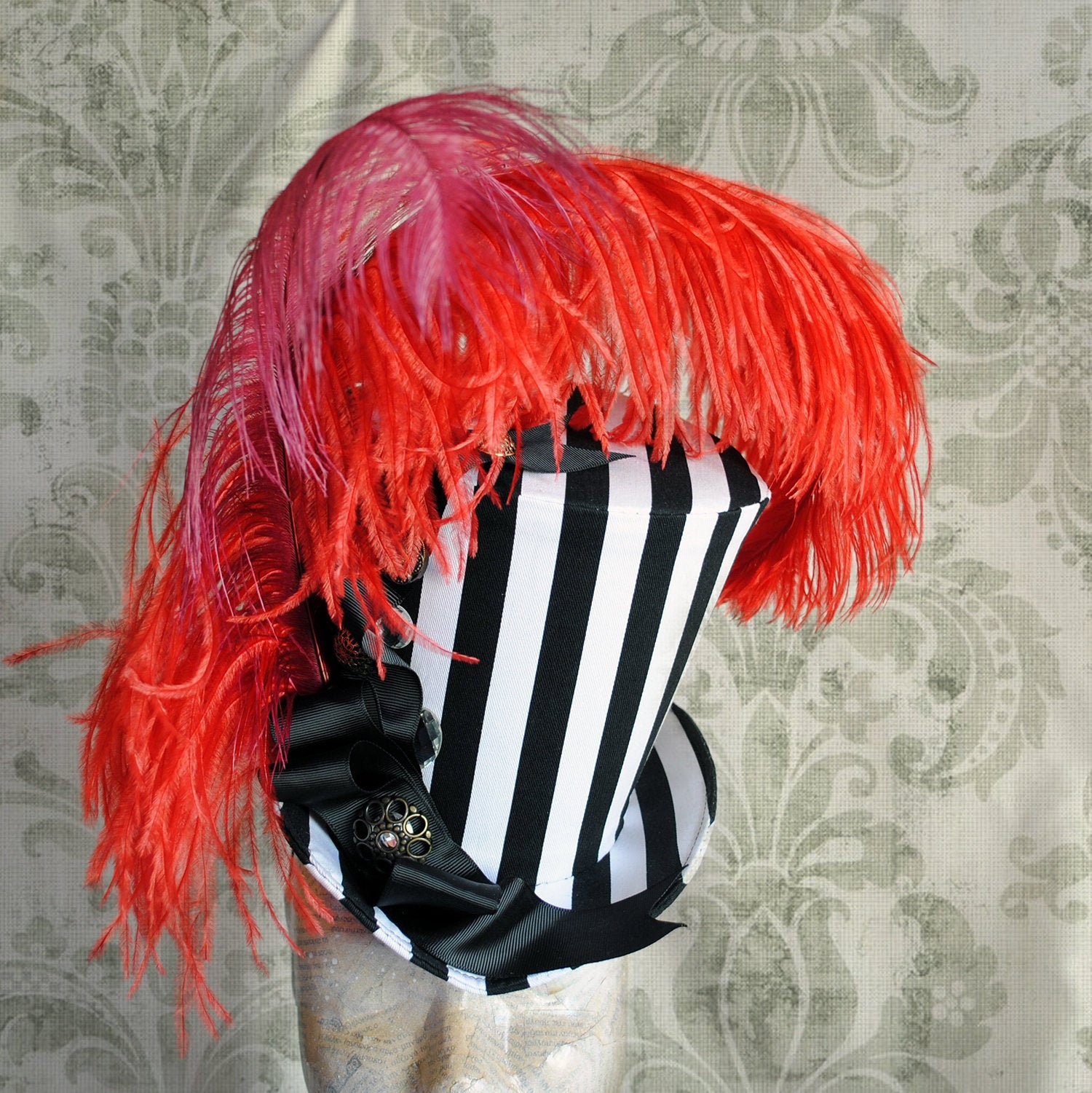 Retro Circus Top Hat With Red Feathers,black & White Striped