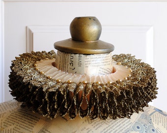 Handmade Elizabethan Ruff with Gold Lace and Pearls, Renaissance Collar - Made to Order