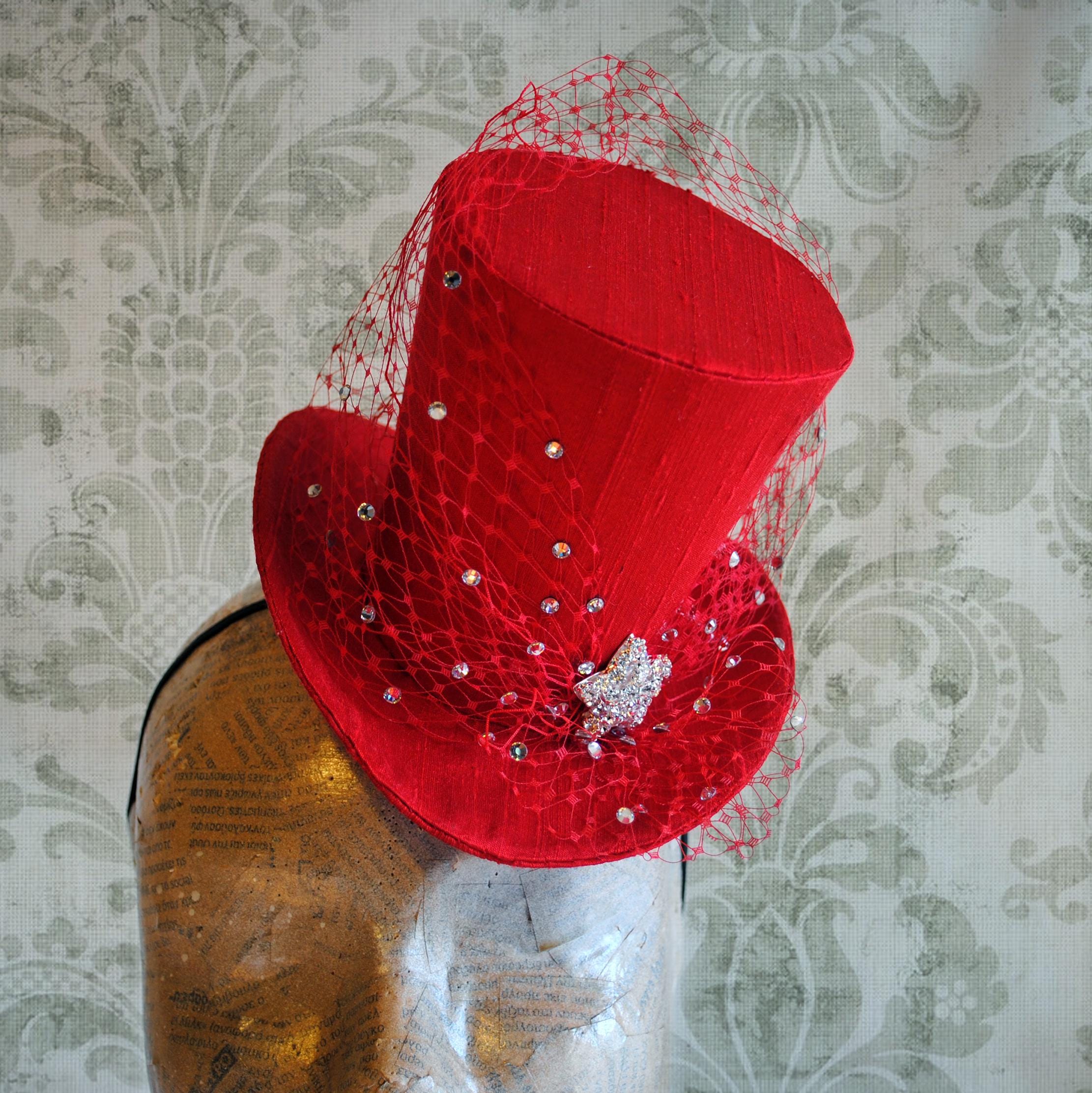 Christmas Red Mini Top Hat With Rhinestone Star and Veil,cocktail Hat ...