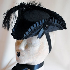 Black Mini Tricorn Hat ,Marie Antoinette Hat,Gothic Lolita Cosplay,Gothic Fascinator,Mardis Gras,Baroque,Rococo,Pirate Tricorn-Made to Order image 4