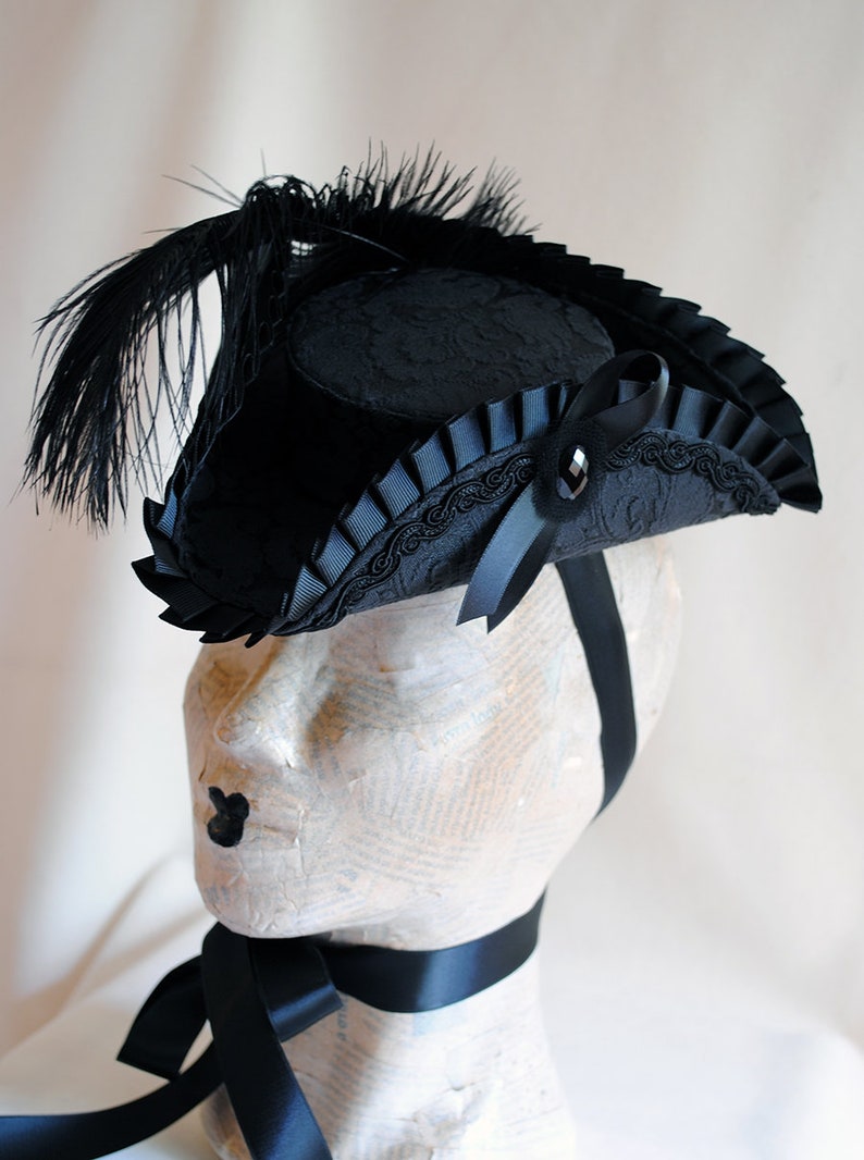 Black Mini Tricorn Hat ,Marie Antoinette Hat,Gothic Lolita Cosplay,Gothic Fascinator,Mardis Gras,Baroque,Rococo,Pirate Tricorn-Made to Order image 4