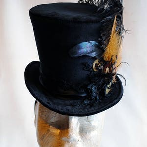 Steampunk Ladies Top Hat,Black Victorian Ridding Hat for WOMEN,Steampunk Fascinator,Mini Top Hat with Feathers,Burning Man Hat-Made to Order image 3