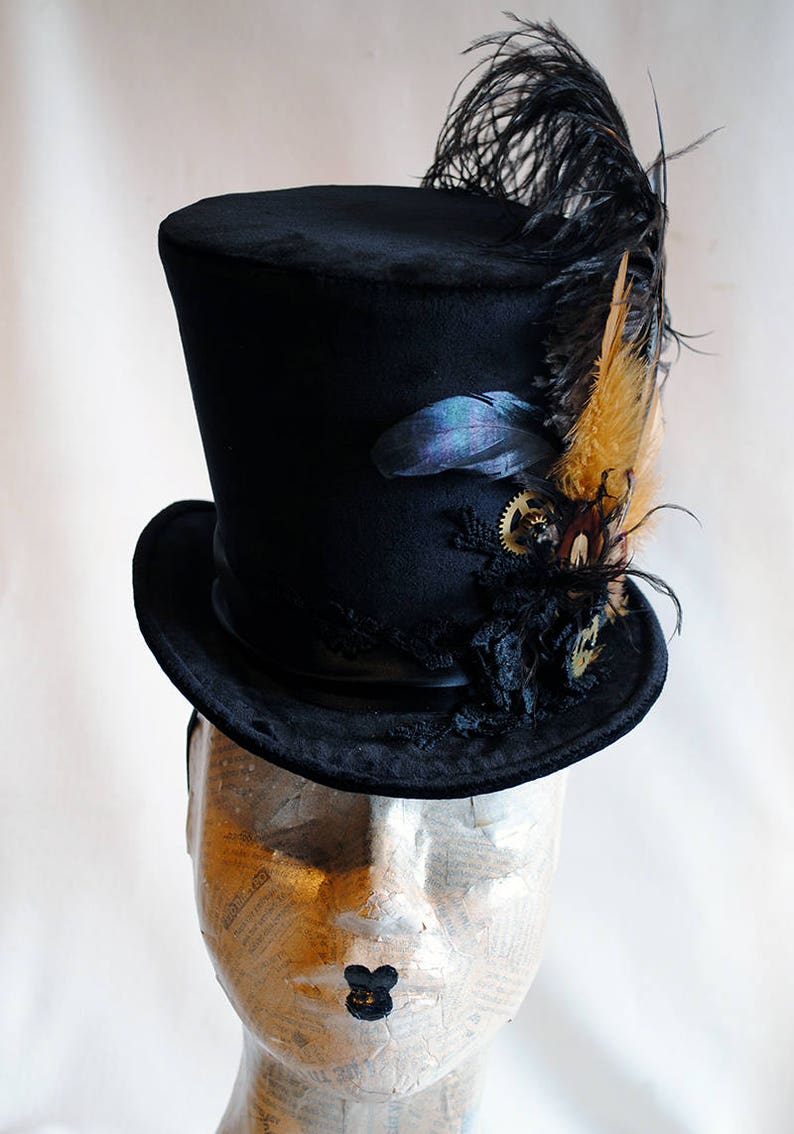 Steampunk Ladies Top Hat,Black Victorian Ridding Hat for WOMEN,Steampunk Fascinator,Mini Top Hat with Feathers,Burning Man Hat-Made to Order image 3