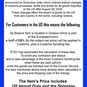 May include: A white informational notice with a blue border titled Regarding US Import Duty. It explains that an executive order affects goods imported to the US after August 29, 2025, noting a 10% tariff for orders from Greece and how Etsy handles fees.