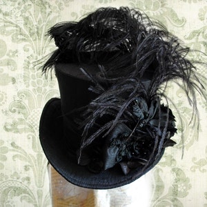 Black Victorian Mini Hat,Gothic Mini Top Hat with Ostrich Feather & Flowers,Ladies Hat,Gothic Lolita Hat,Gothic Wedding-Made to Order