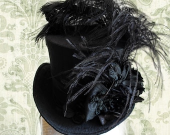 Black Victorian Mini Hat,Gothic Mini Top Hat with Ostrich Feather & Flowers,Ladies Hat,Gothic Lolita Hat,Gothic Wedding-Made to Order