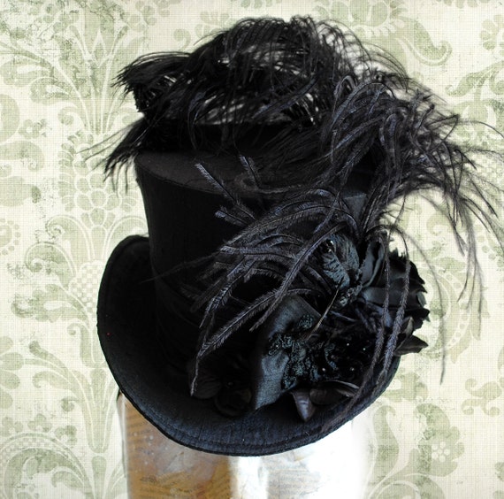 Black Victorian Mini Hat,Gothic Mini Top Hat with Ostrich Feather & Flowers,Ladies Hat,Gothic Lolita Hat,Gothic Wedding-Made to Order Black Victorian Mini Hat,Gothic Mini Top Hat with Ostrich Feather & Flowers,Ladies Hat,Gothic Lolita Hat,Gothic Wedding-Made to Order