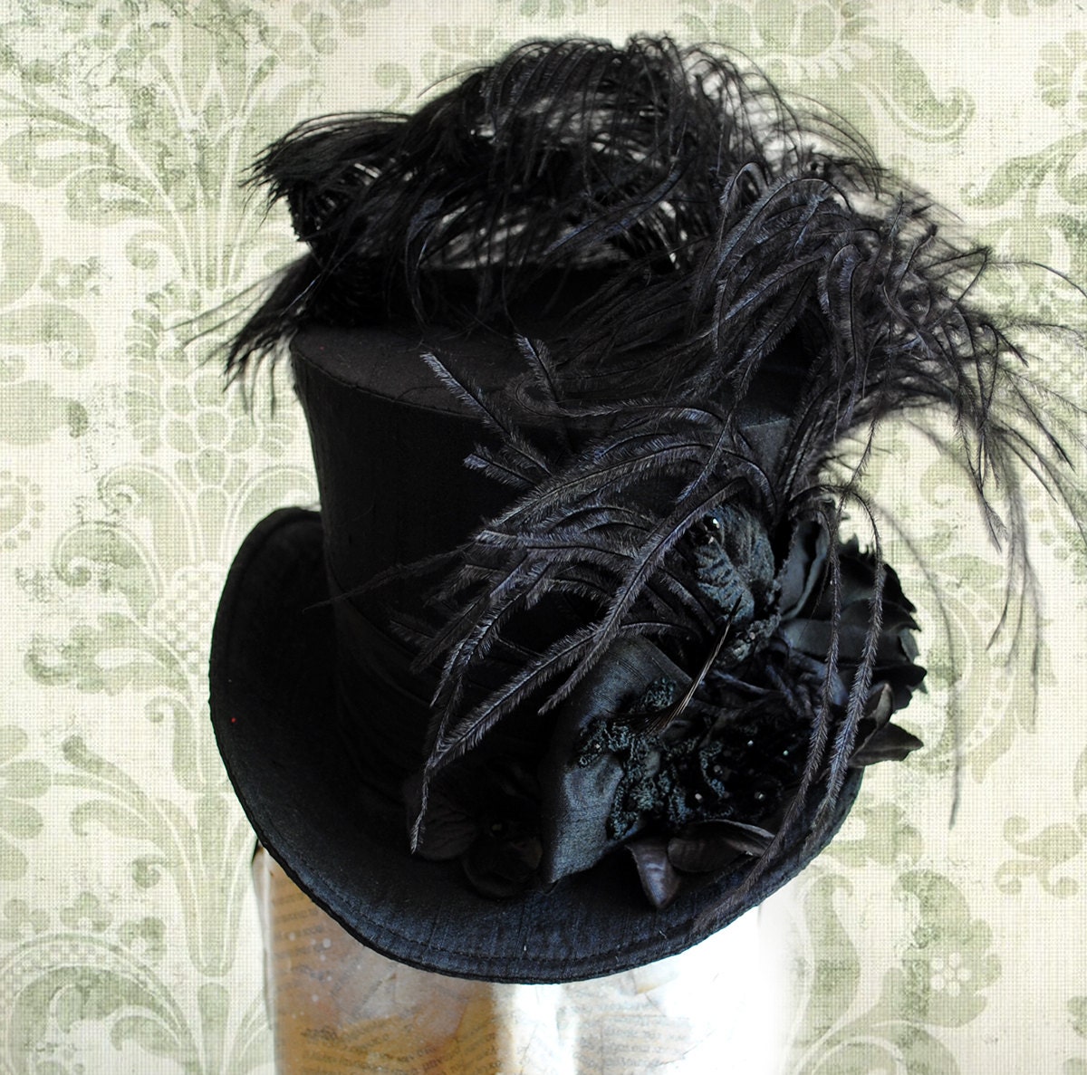 Black Victorian Mini Hat,Gothic Mini Top Hat with Ostrich Feather & Flowers,Ladies Hat,Gothic Lolita Hat,Gothic Wedding-Made to Order Black Victorian Mini Hat,Gothic Mini Top Hat with Ostrich Feather & Flowers,Ladies Hat,Gothic Lolita Hat,Gothic Wedding-Made to Order