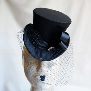 Burlesque Mini Top Hat,Cocktail Hat with Rhinstone Veil,Black Ladies Hat,Glamorous Gothic Fascinator,Mini Top Hats-Made to Order