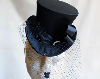 Burlesque Mini Top Hat,Cocktail Hat with Rhinstone Veil,Black Ladies Hat,Glamorous Gothic Fascinator,Mini Top Hats-Made to Order