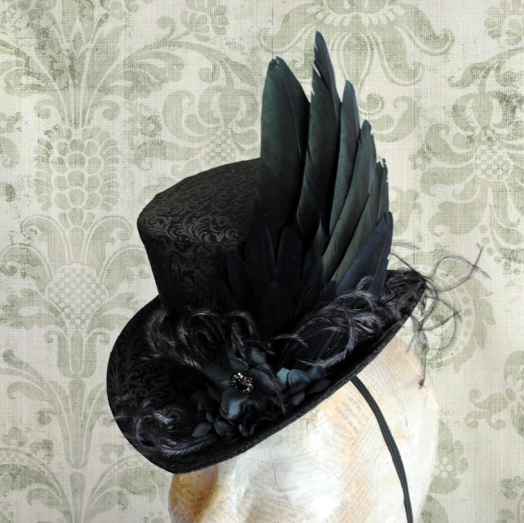 Black Victorian Mini Top Hat With Flowers,gothic Fascinator Hat