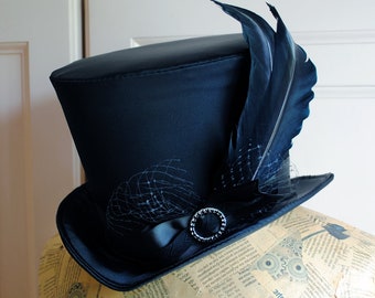 Black Burlesque Top Hat,Victorian Hat,Full Size Top Hat,Gothic Top Hat,Unisex Top Hat,Mad Hatter Top Hat,Cabaret-Custom-Made to Order
