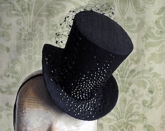 Burlesque Mini Top Hat,Black Fascinator Hat with Rhinestones and Veil,Moulin Rouge,Sparkling Cocktail Hat,Gothic Mini Top Hat-Ready to Ship