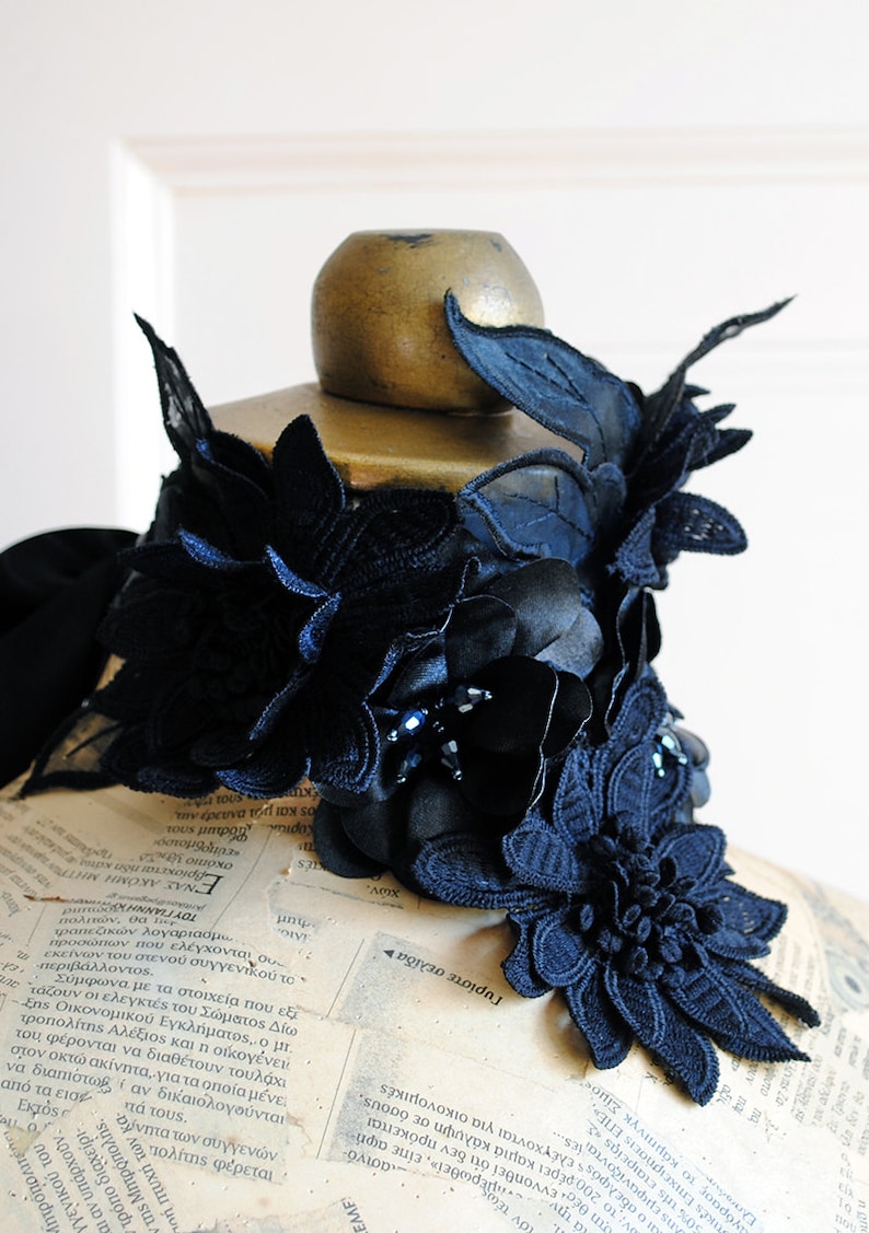 Gothic Collar with Black Flowers,Gothic Choker,Dark Fantasy Neckpiece,Dark Fairy Statement Neckpiece with Crystals-Custom-Made to Order image 2