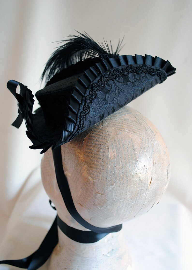 Black Mini Tricorn Hat ,Marie Antoinette Hat,Gothic Lolita Cosplay,Gothic Fascinator,Mardis Gras,Baroque,Rococo,Pirate Tricorn-Made to Order image 5