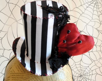 Tim Burton Mini Top Hat,Voodoo Heart Gothic Fascinator,Black & White Striped Mini Hat,Halloween Costume Hat-Made to Order