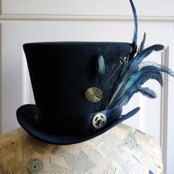 Mad Hatter Top Hat,Steampunk Full Size Costume Hat with Feathers,Burning Man Hat,Gothic Top Hat,Full Size Top Hat,Custom-Made to Order