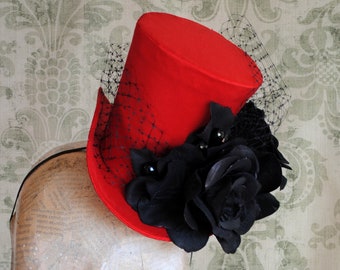 Gothic Mini Top Hat with Black Roses,Red Cocktail Hat,Burlesque Fascinator,Victorian Mini Hat,Gothic Bridal Hat-Ready to Ship