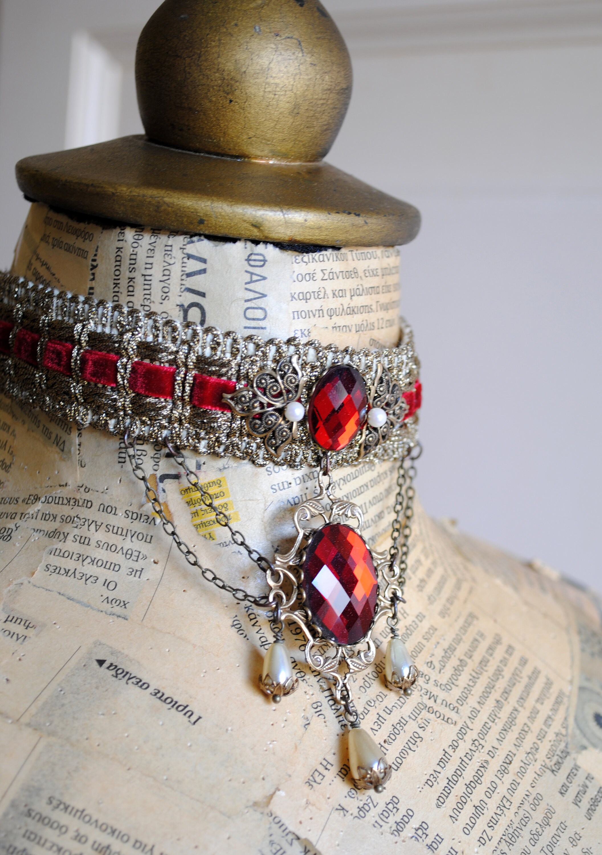 Royal Elizabethan Choker With Crystals,gold & Red Velvet Gothic