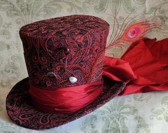Chapeau haut de forme chapelier fou, chapeau Alice au pays des merveilles, costume d'Halloween, chapeau victorien rouge, chapeau haut de forme cosplay pour femme, tea-party steampunk-prêt à être expédié