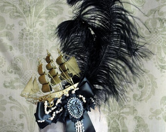 Gothic Teardrop Fascinator with Ship,Black & Gold Rococo Headpiece,Gothic Headdress with Ostrich Feathers,Mardis Gras Costume-Made to Order