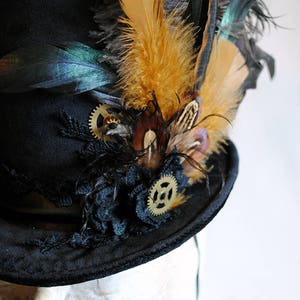 Steampunk Ladies Top Hat,Black Victorian Ridding Hat for WOMEN,Steampunk Fascinator,Mini Top Hat with Feathers,Burning Man Hat-Made to Order image 4