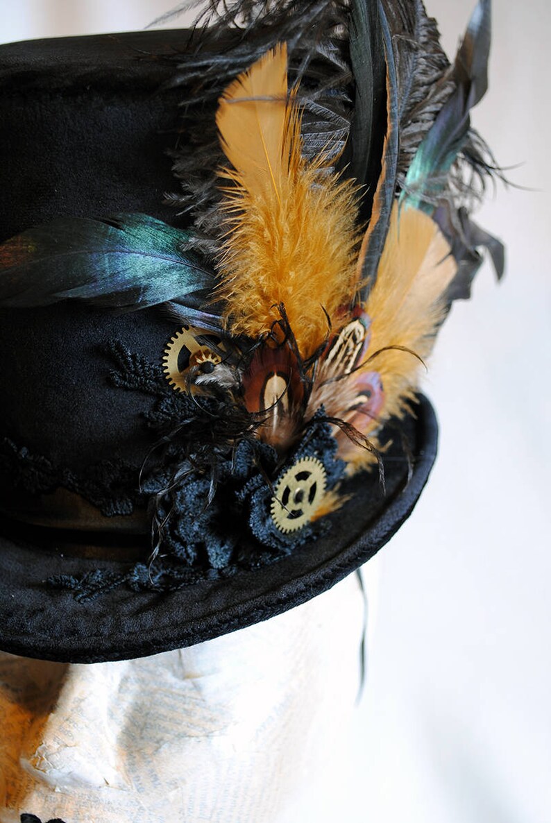 Steampunk Ladies Top Hat,Black Victorian Ridding Hat for WOMEN,Steampunk Fascinator,Mini Top Hat with Feathers,Burning Man Hat-Made to Order image 4