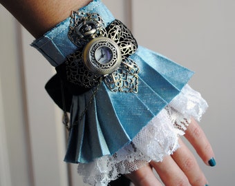 Alice in Wonderland Wrist Wrap,Steampunk Wrist Cuff with Pocket Watch,Blue Gothic Lolita Cuff Bracelet,Victorian Tea-Party-Made to Order