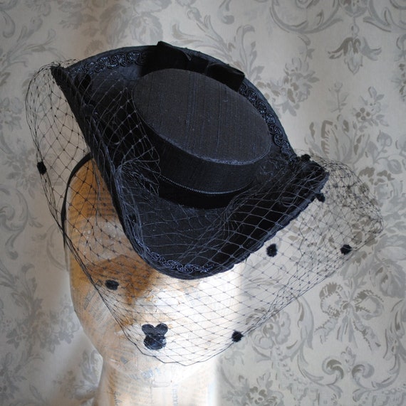 Black Marie Antoinette Hat With Veil,gothic Mini Tricorn Hat,dark
