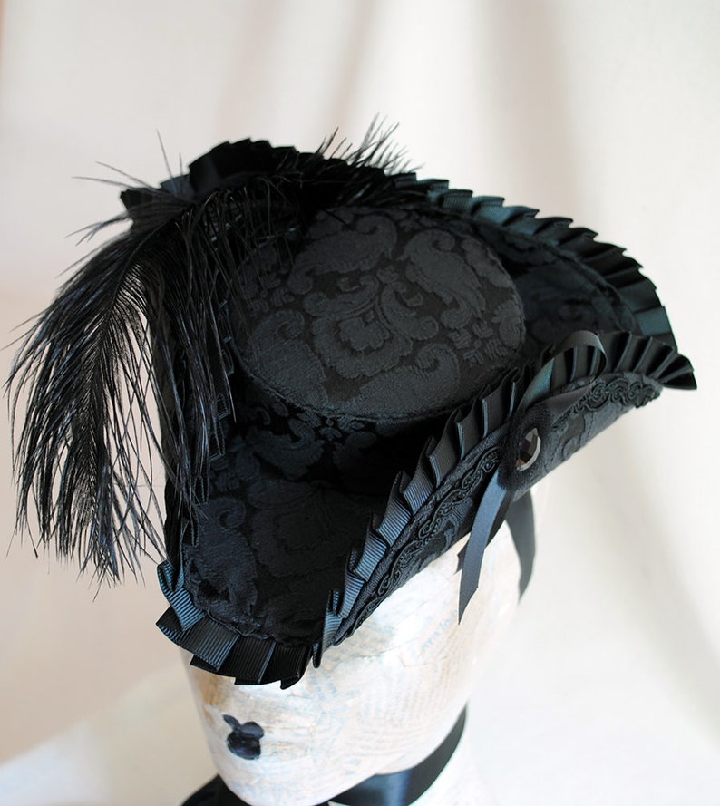 Black Mini Tricorn Hat ,Marie Antoinette Hat,Gothic Lolita Cosplay,Gothic Fascinator,Mardis Gras,Baroque,Rococo,Pirate Tricorn-Made to Order image 7